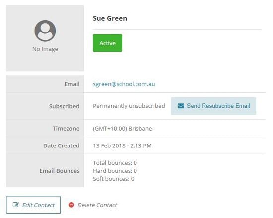 Screenshot of an unsubscribed contact in Schoolzine
